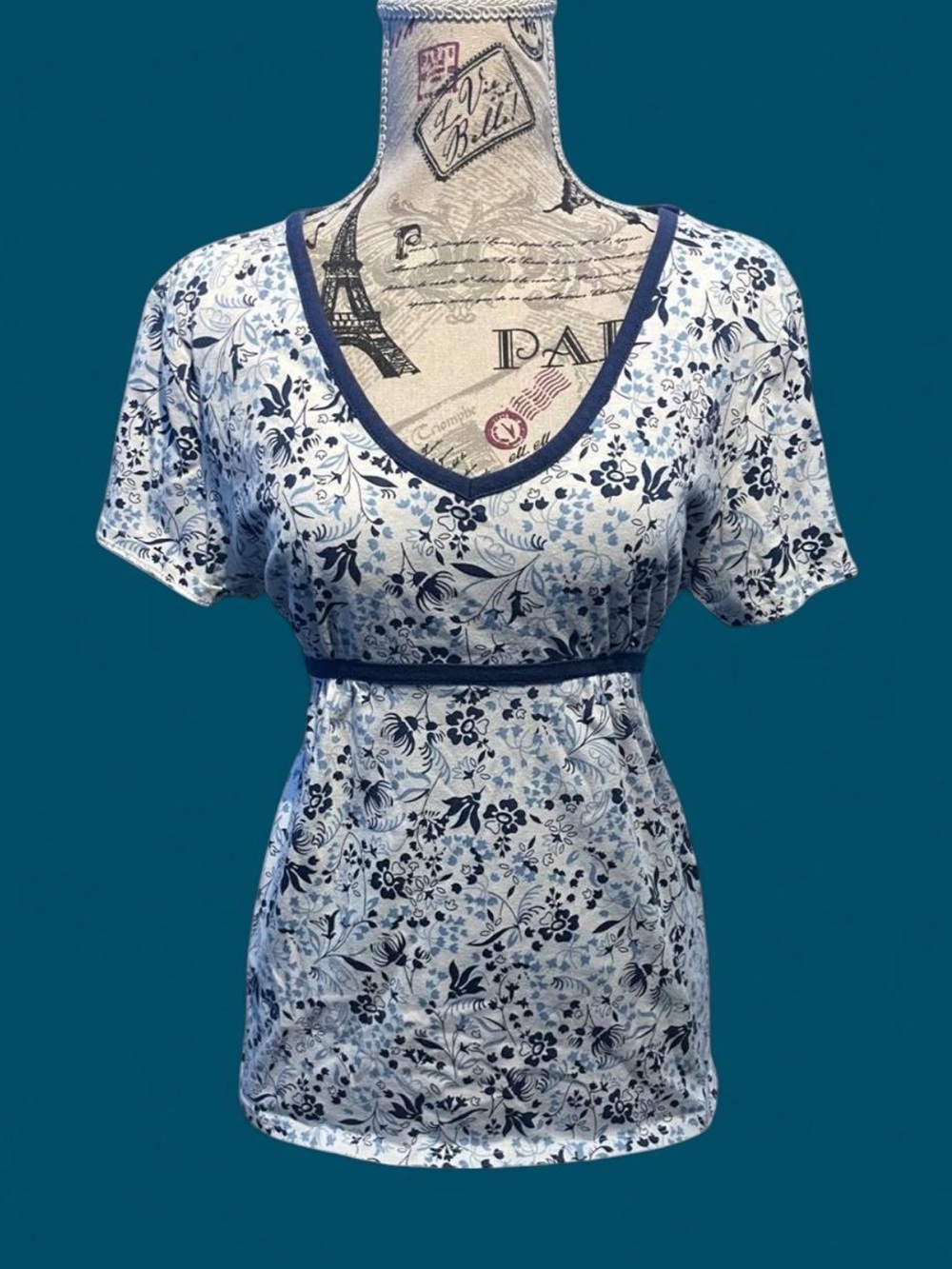 Vintage Bobbie Brooks Floral Blouse Empire Waist Tie Back Cottagecore Blue White